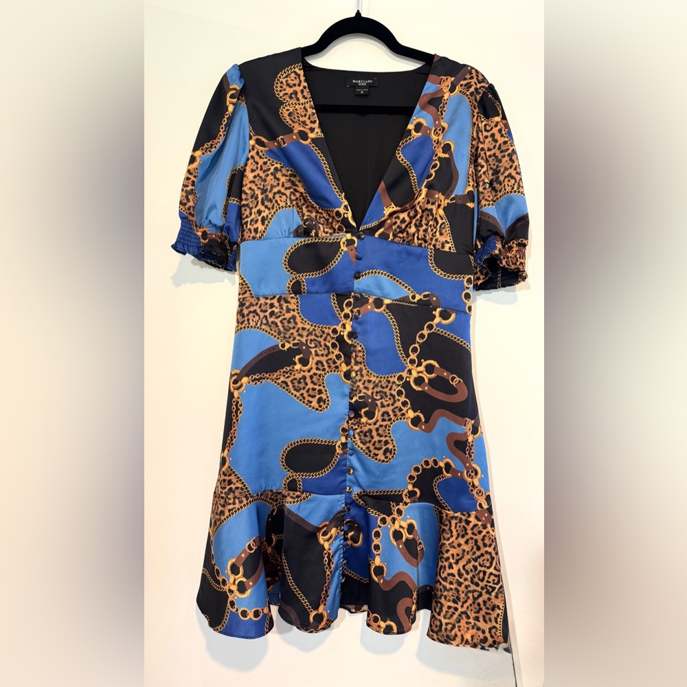 Marciano by Guess Blue Leopard & Golden Chain Print Mini Dress - Size M